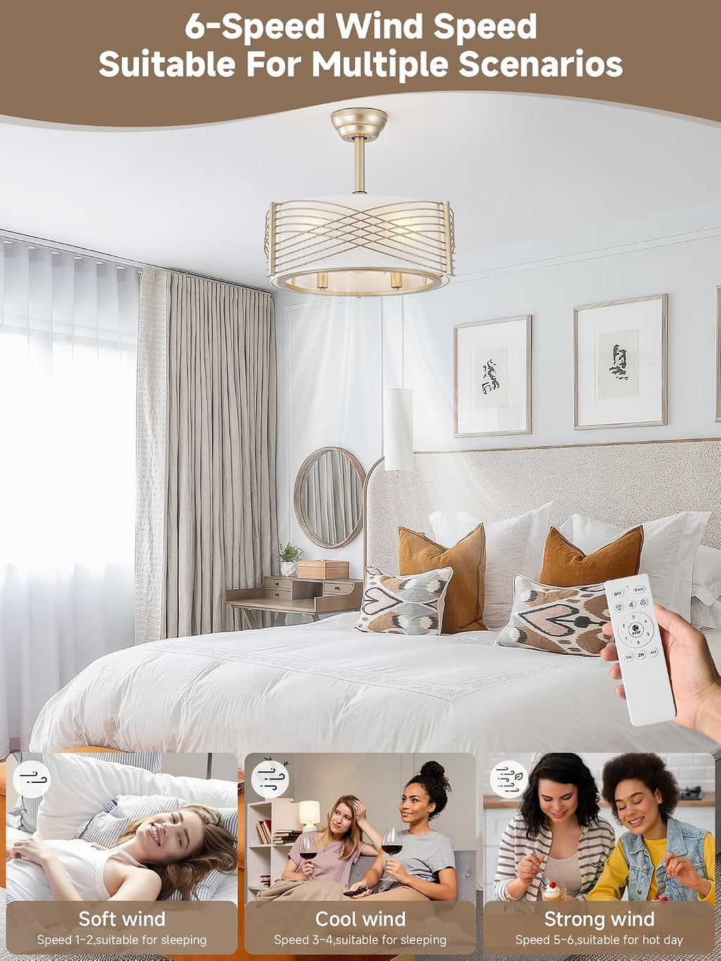 20' Gold Fandelier Ceiling Fan with Light, Caged Ceiling Fan with Light Remote Control, Mid Century Modern with 6 Speeds for Bedroom, Nursery, Living Room
