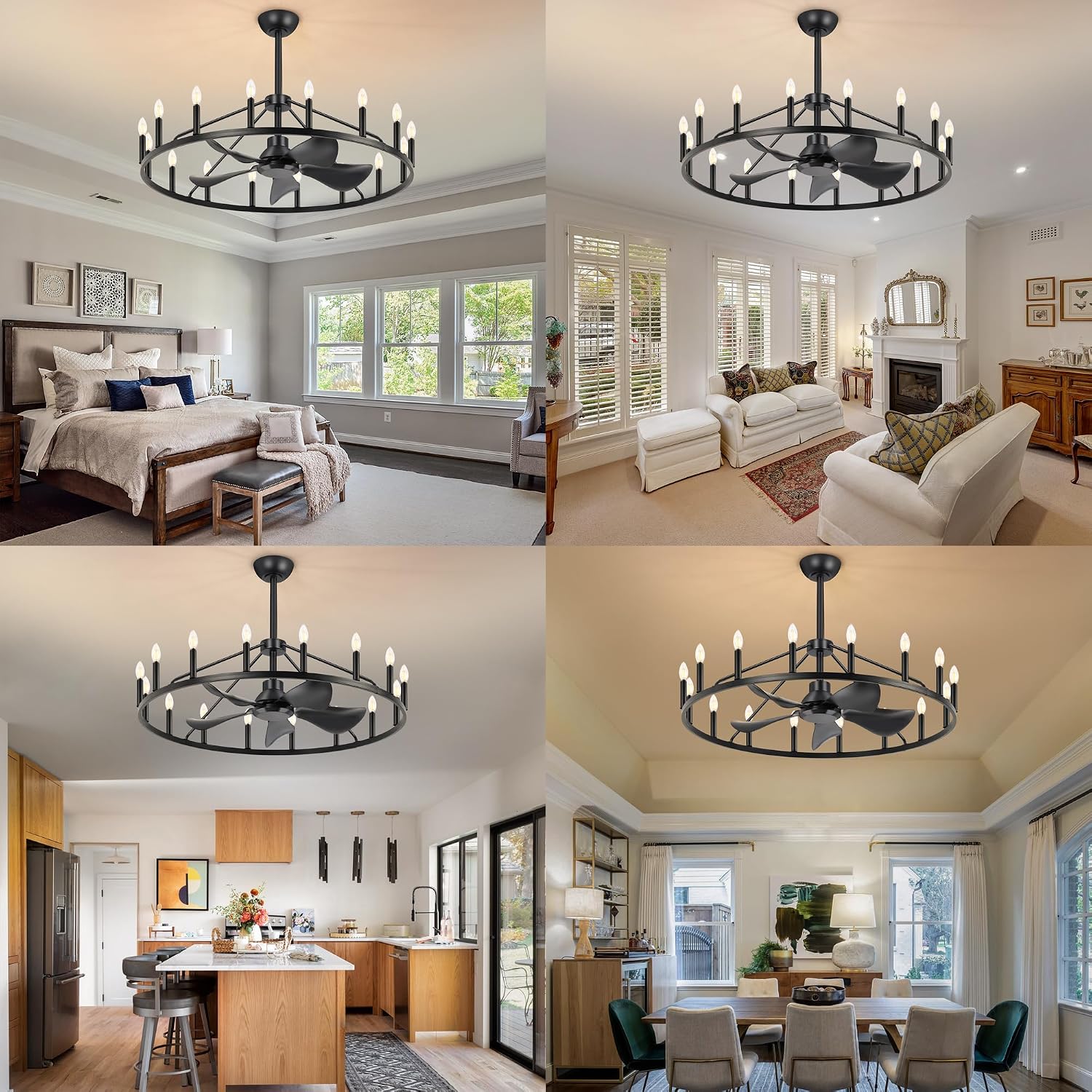 She's home 43' Black Wagon Wheel Chandelier Farmhouse Ceiling Fan with Light and Remote,16-Lights Large Fandelier with Candle,Rustic Big Light Fixture for Living Room