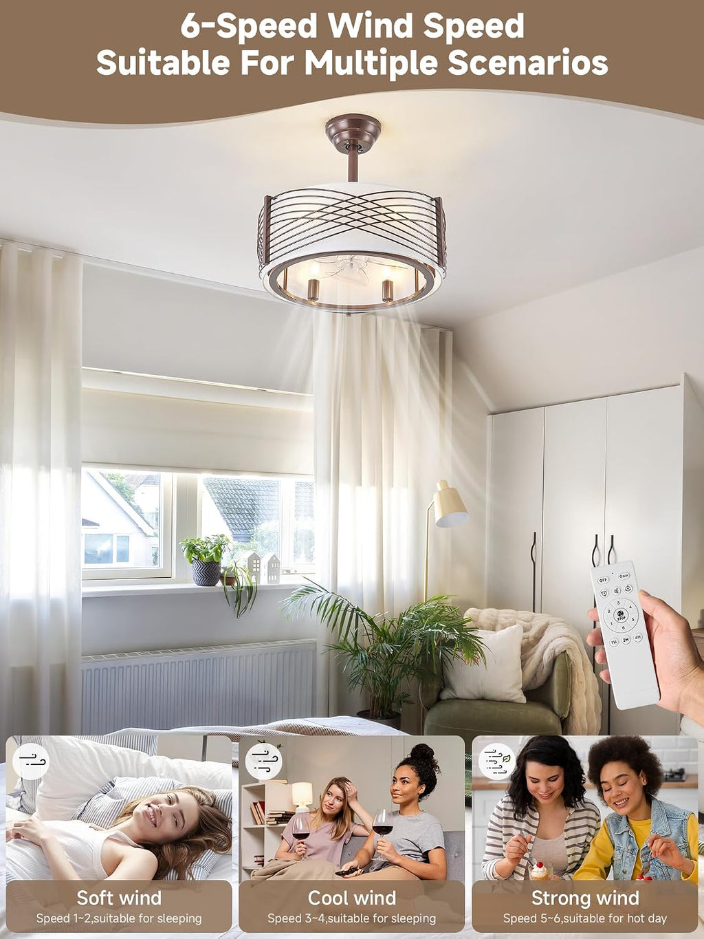 20' Fandelier Ceiling Fans with Lights, Brown Caged Ceiling Fan with Light Remote Control, Mid-Century Modern with 6 Speeds for Bedroom, Nursery, Living Room (Brown)