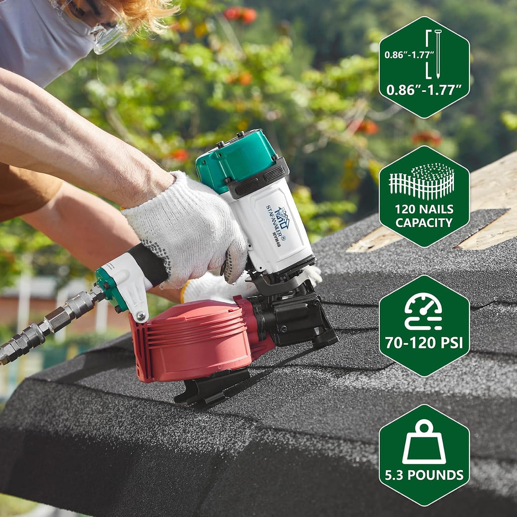 NVH45 Roofing Nail Gun, 15 Degree Pneumatic Pistolas Para Roofing, 7/8' to 1-3/4' Nails Compatibility, 3/8 NPT Air Connector, 120-Pcs Load Capacity for Roofing Constructions(Wht-Grn Ver)