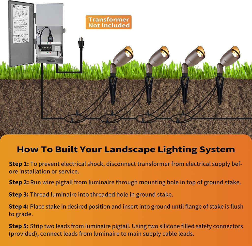 VISTA 4 Pack Cast Aluminum Landscape Spotlights, Low Voltage Landscape Lighting, 100FT 14/2 Landscape Wire, Spot Lights Outdoor with 4.5W MR16 LED Bulb for Yard, Garden, Lawn, Tree (Bronze)