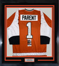 Framed Autographed/Signed Bernie Parent 33x42 Philadelphia Orange Hockey Jersey JSA COA