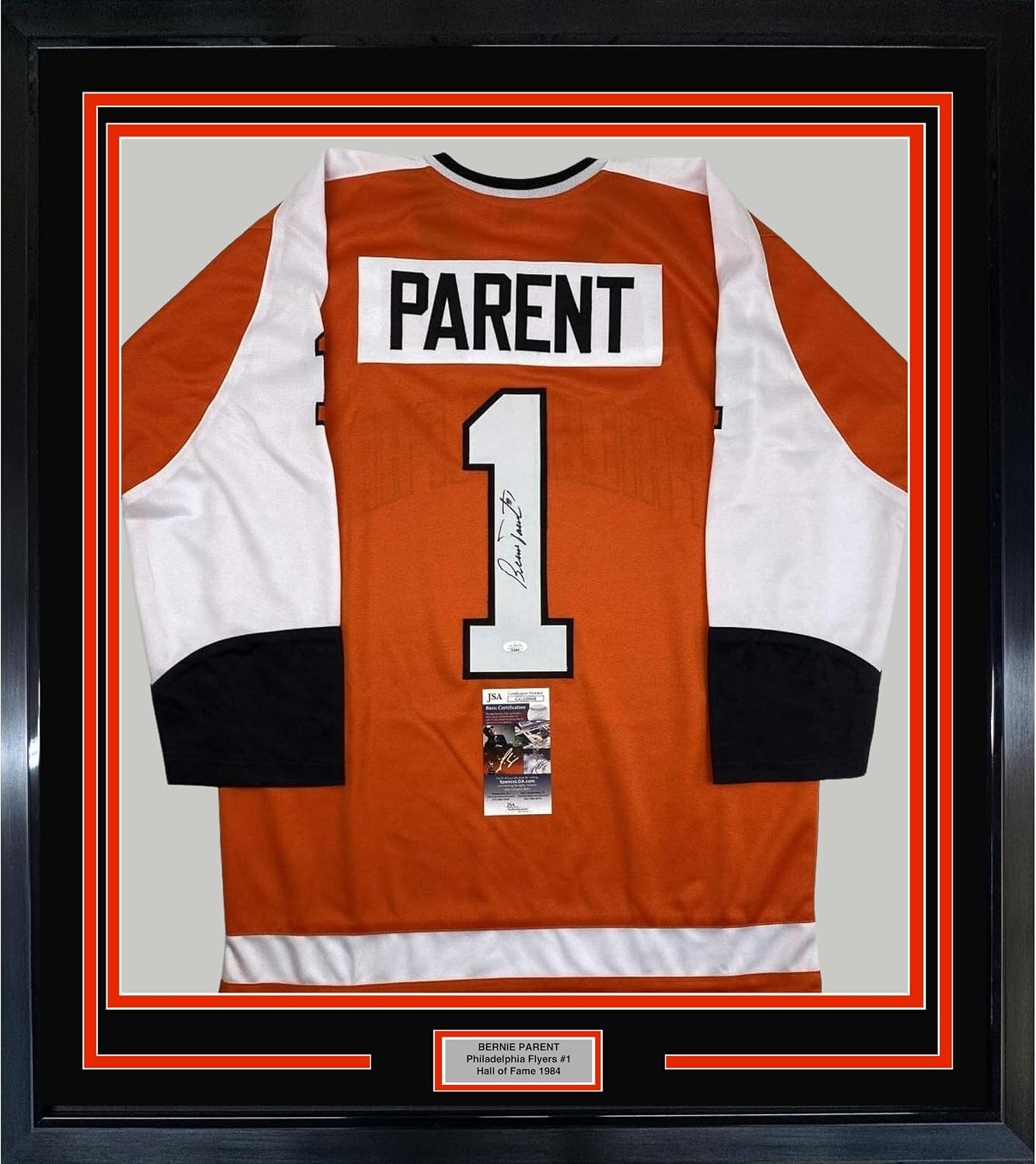 Framed Autographed/Signed Bernie Parent 33x42 Philadelphia Orange Hockey Jersey JSA COA