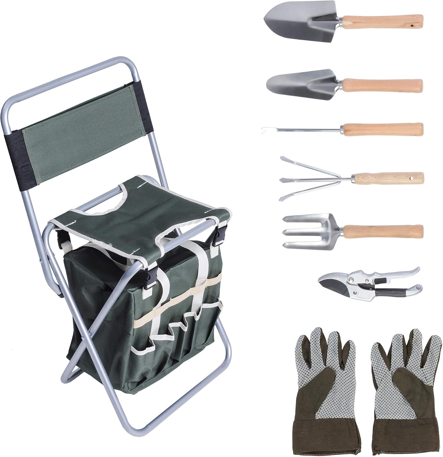 9 Pieces Garden Tools Set with Folding Chair, Stainless Steel Heavy Duty Hand Tool w/Organizer Tote Bag, Wooden Handle & Gloves - Gardening Gifts for Men Women