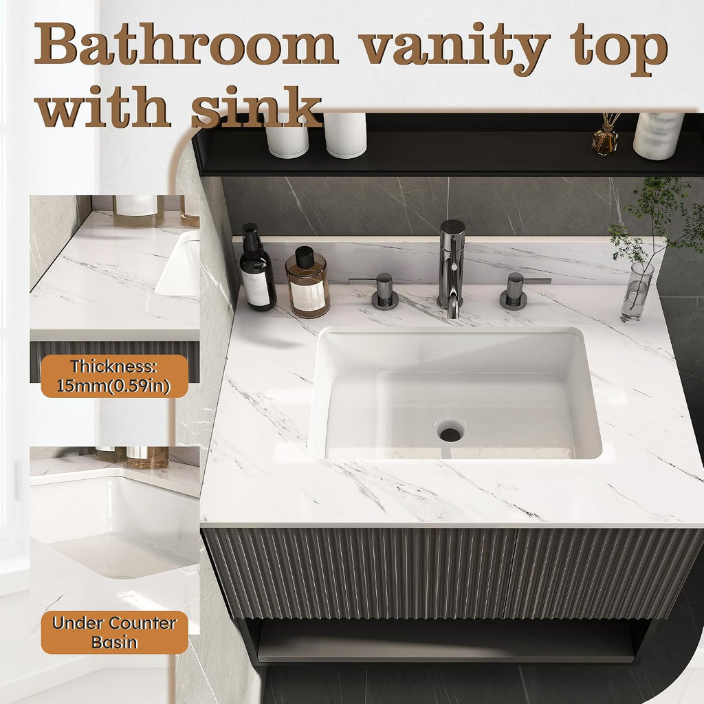 43x22 Marble Bathroom Vanity Top with Sink, Vanity Top with Sink with Pre-drilled Holes and 4' Backsplash, Perfect for Home & Rental Properties