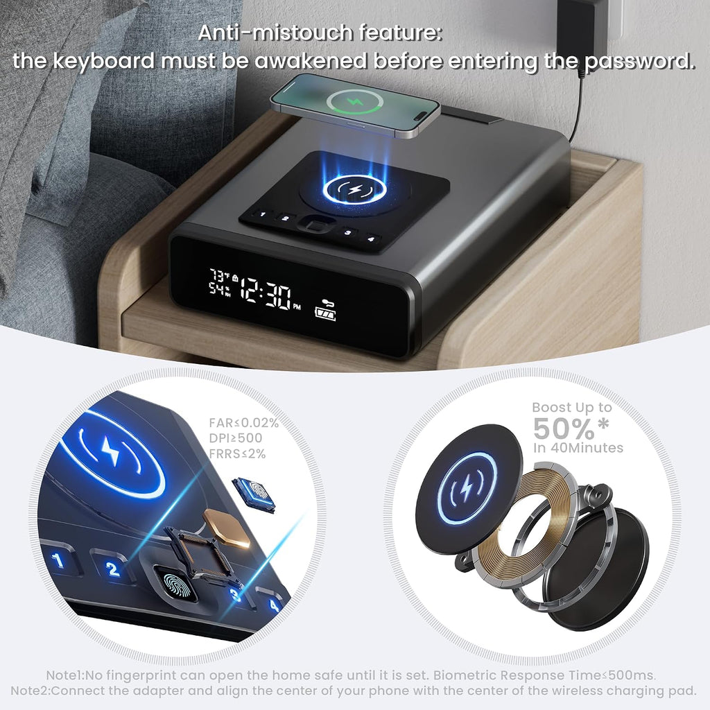 Mboko Biometric Discreet Gun Safe with 12-Hour Time Clock Display, Wireless Charging Pistol Safe for Handgun with Adjustable Brightness, Backlit Keypad, LED Light, Gifts for Mother's Day（Gray）
