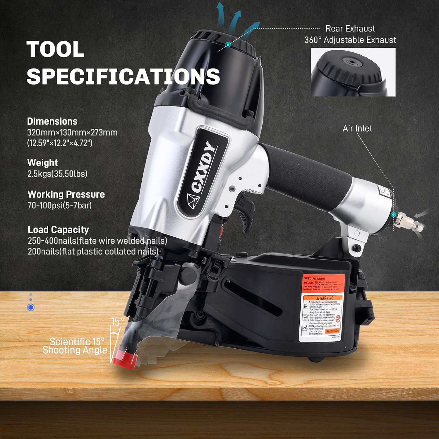 CXXDY Siding Nail gun 15 Degree 1-1/4' to 2-1/2' Coil Siding Nailer – High-Speed Pneumatic Siding Nailer for Siding, Framing, and Fencing – Professional-Grade Performance for Contractors and DIYers