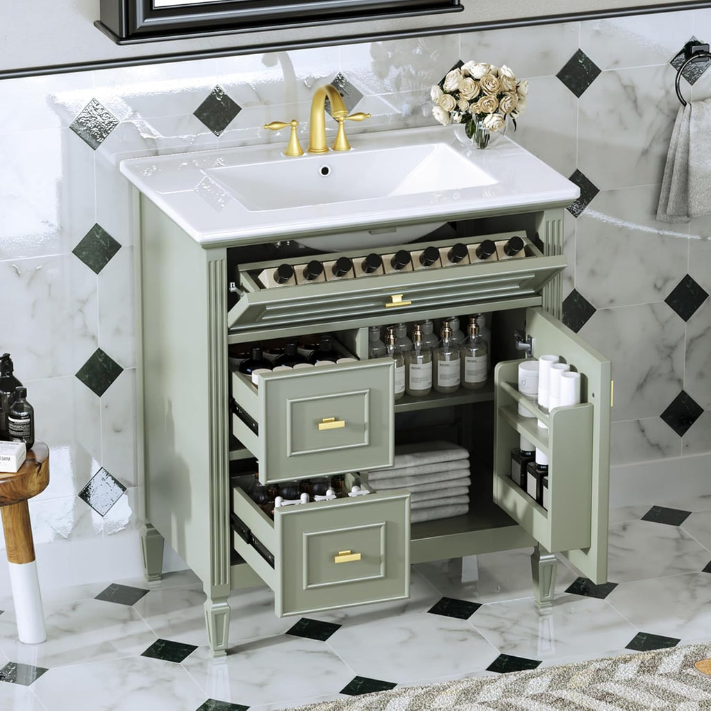 30' Bathroom Vanity with Ceramic Sink Top, Tip-Out Drawer and Two Left Side Drawers, Adjustable Shelf, Solid Wood Legs, Soft-Closing Door and Rack Shelf, Green