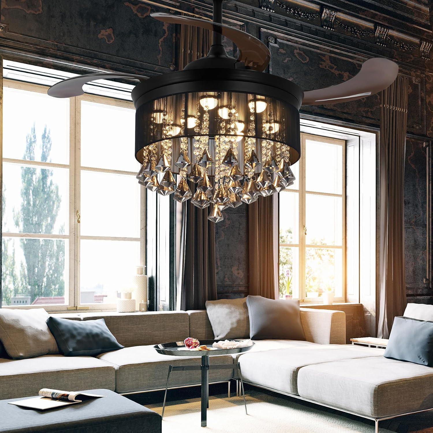 42' Black Luxury Crystal Ceiling Fan with Light 3 Color 3 Speed Modern Chandelier Fan with Remote Control Retractable Blades Fandelier for Living Room Bedroom