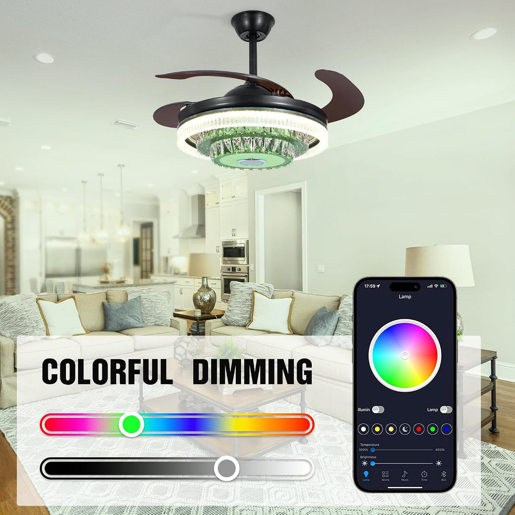 42' Bluetooth Crystal Fandelier Ceiling Fan with Light Music Speaker Dimmable RGB LED, Modern Black Reversible Chandelier Ceiling Fan Remote Control Retractable Blades for Living Room