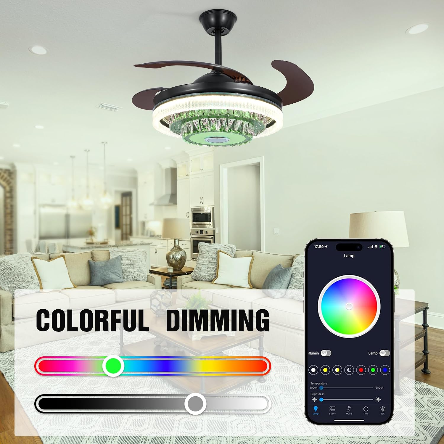 42' Bluetooth Crystal Fandelier Ceiling Fan with Light Music Speaker Dimmable RGB LED, Modern Black Reversible Chandelier Ceiling Fan Remote Control Retractable Blades for Living Room