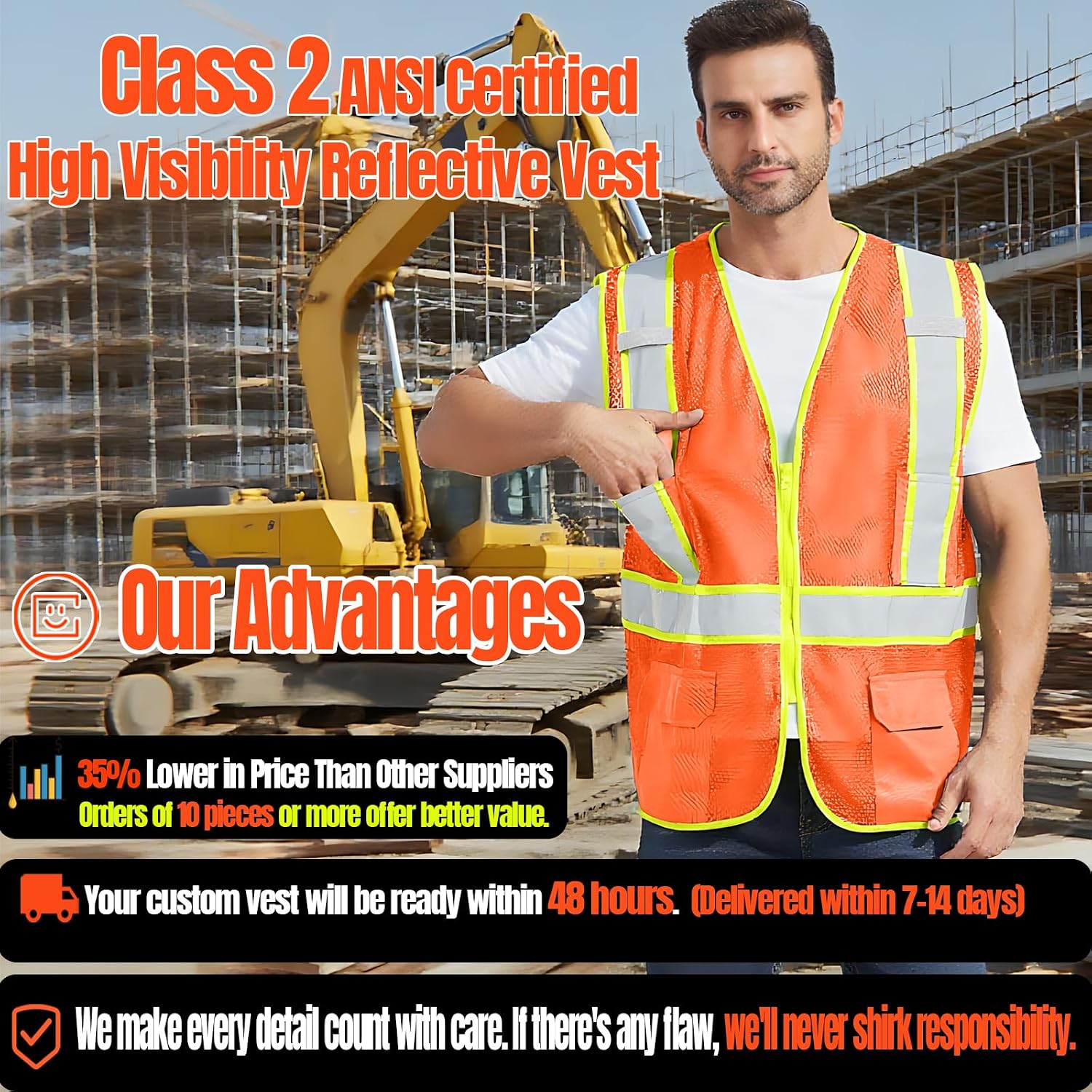 BeautyWill Custom Safety Vest Customized Logo Class 2 High Visibility Reflective Vest with Pockets Construction workwear