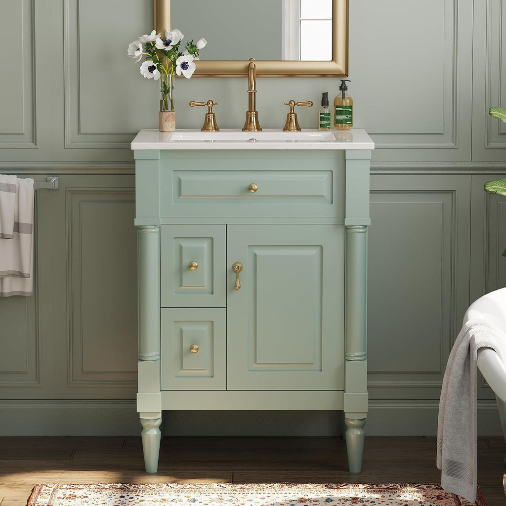 24 Inch Bathroom Vanity with Ceramic Sink Top, Cabinet with Tip-Out Drawer and Door Storage, Solid Wood Roman Legs, Adjustable Shelf, Green