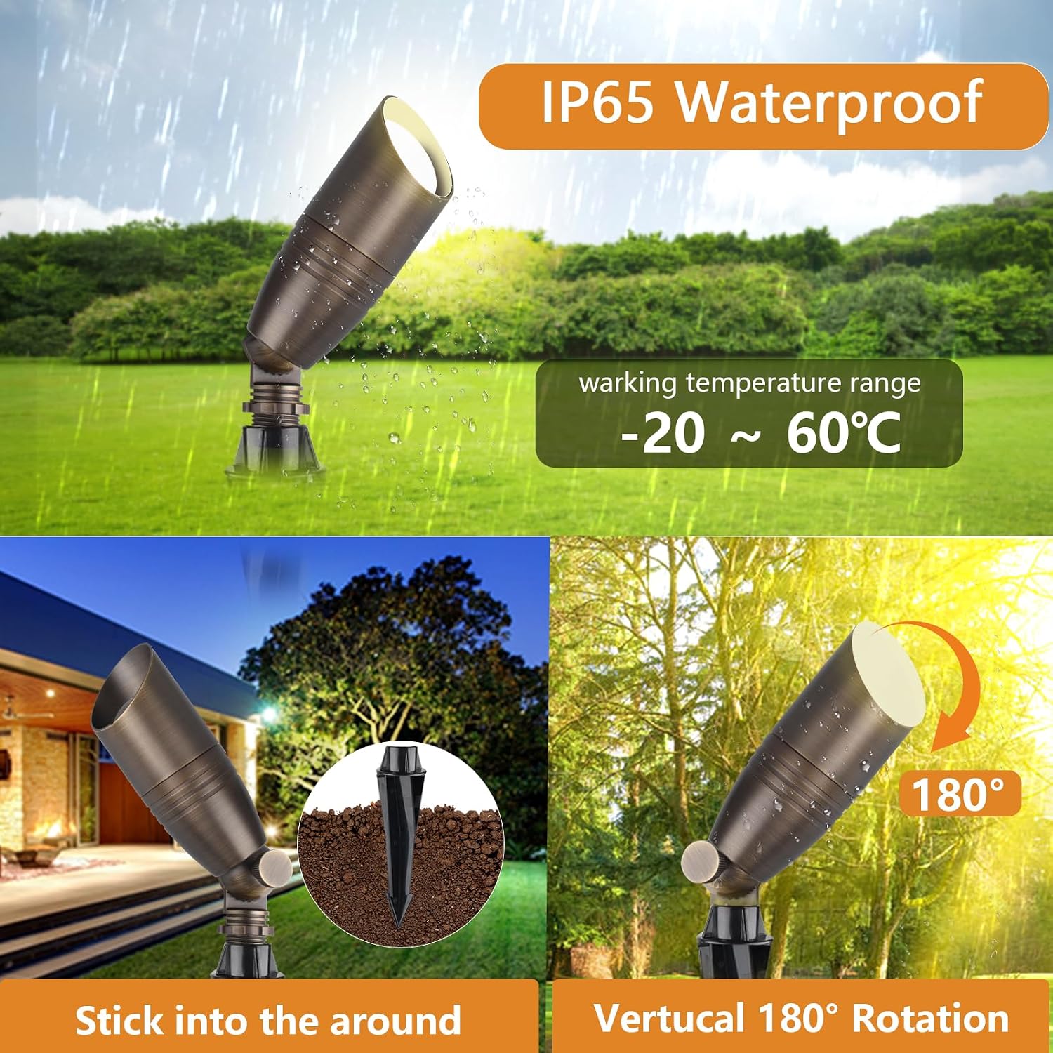 Brass Wired Landscape Light, Low Voltage Landscape Light,12V AC Uplighting Outdoor, Directional Outdoor Landscape Spotlight(4-Pack with PVC Ground Stakes,4 Light Bulbs,4 Code Cutters)