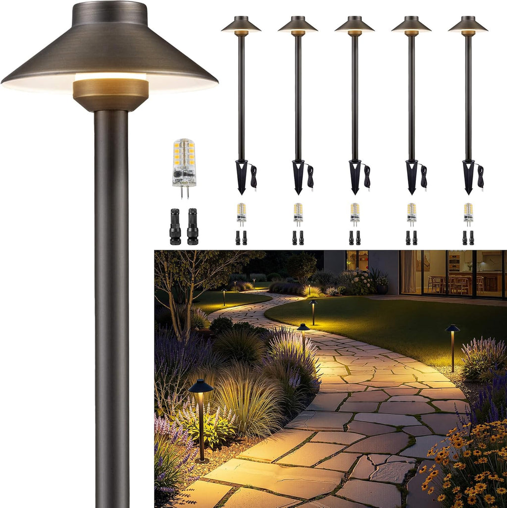 Gardenreet Brass Low Voltage Landscape Lighting - 12V LED Path Lights IP65 Waterproof, Hard-Wired Pathway Light Bronze for Outside Walkway Garden with 3W 2700K Warm White G4 Replaceable Bulb (6 Pack)