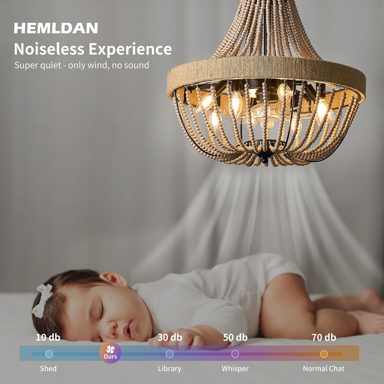 Bohemian Empire Style Chandelier Fan with 64 Wood Bead Strands, 7-Blade Invisible, Remote/APP Control, 20'' Ceiling Light Fixture for Living Room Bedroom Dining (Black, 20'' Boho Style)