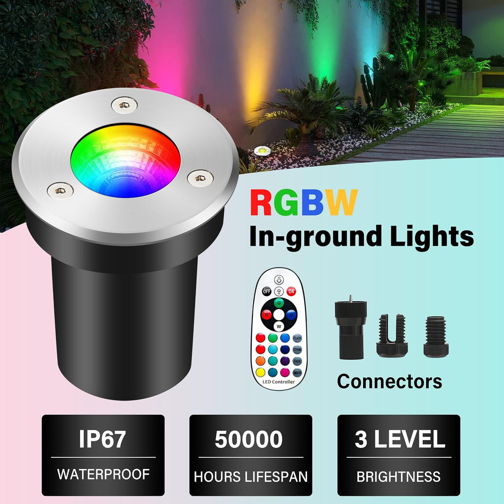Low Voltage Outdoor Landscape Lighting RGBW Spotlight,Color Changing Outdoor Ground Light,8Pack IP67 Waterproof Pathway Lights,Low Voltage LED In-Ground Light for Garden Yard