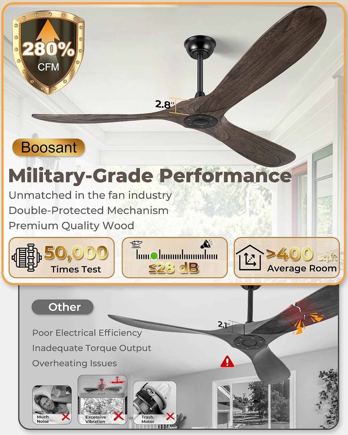 60' Ceiling Fans Without Light, Solid Wood Ceiling Fan No Light with Remote Control and DC Motor, Outdoor Ceiling Fan with 3 Blades, Outdoor fan for Patios - Deep Brown