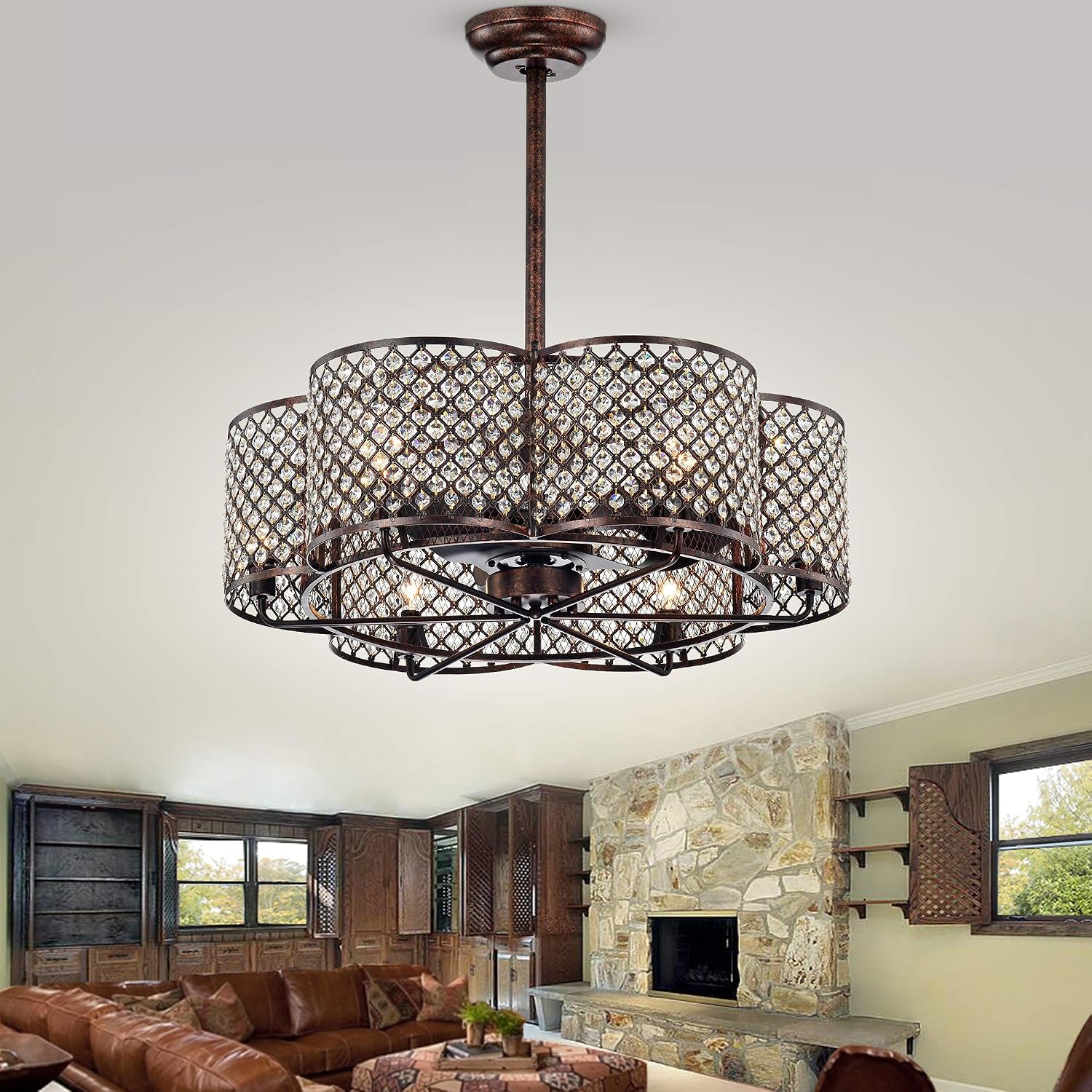 Warehouse of Tiffany CFL-8421RB Linza 30-Inch Rustic Bronze & Crystal Fandelier Flower Lighted (Incl Remote Control) Ceiling Fan