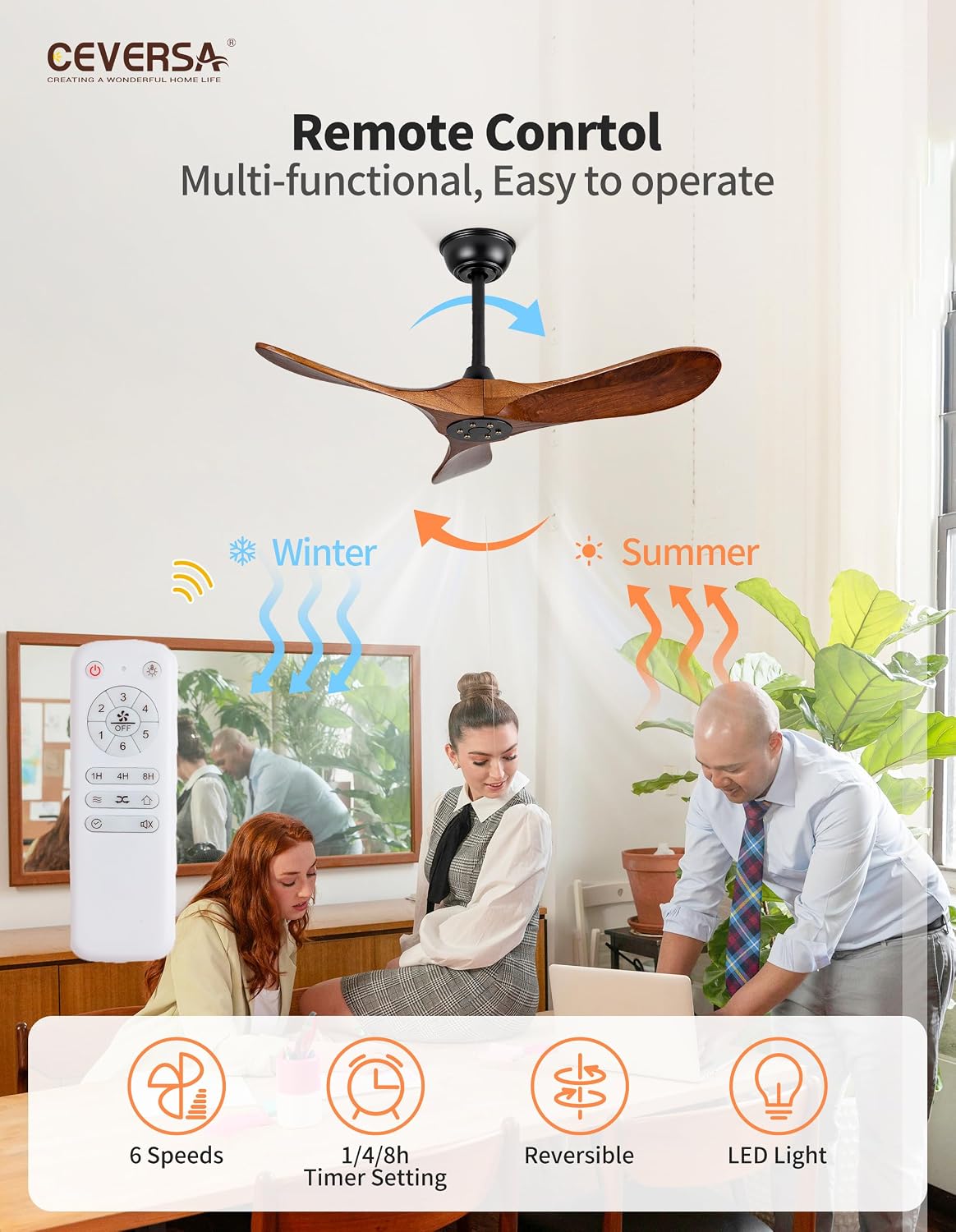 36 Inch Small Ceiling Fan no Light, Outdoor Ceiling Fans Without Lights with Remote Control, 3 Blades Solid Wood Propeller for Patio, Indoor, Living Room, Bedroom, Porch, Farmhouse