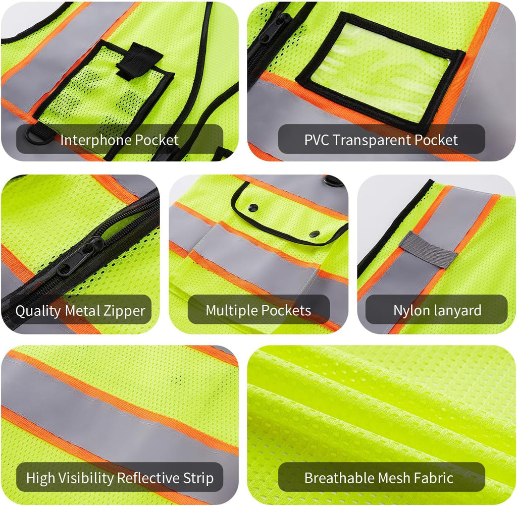 Custom Logo Safety Vest High Visibility Reflective Vest Class 2 Standard with Pockets and Zipper