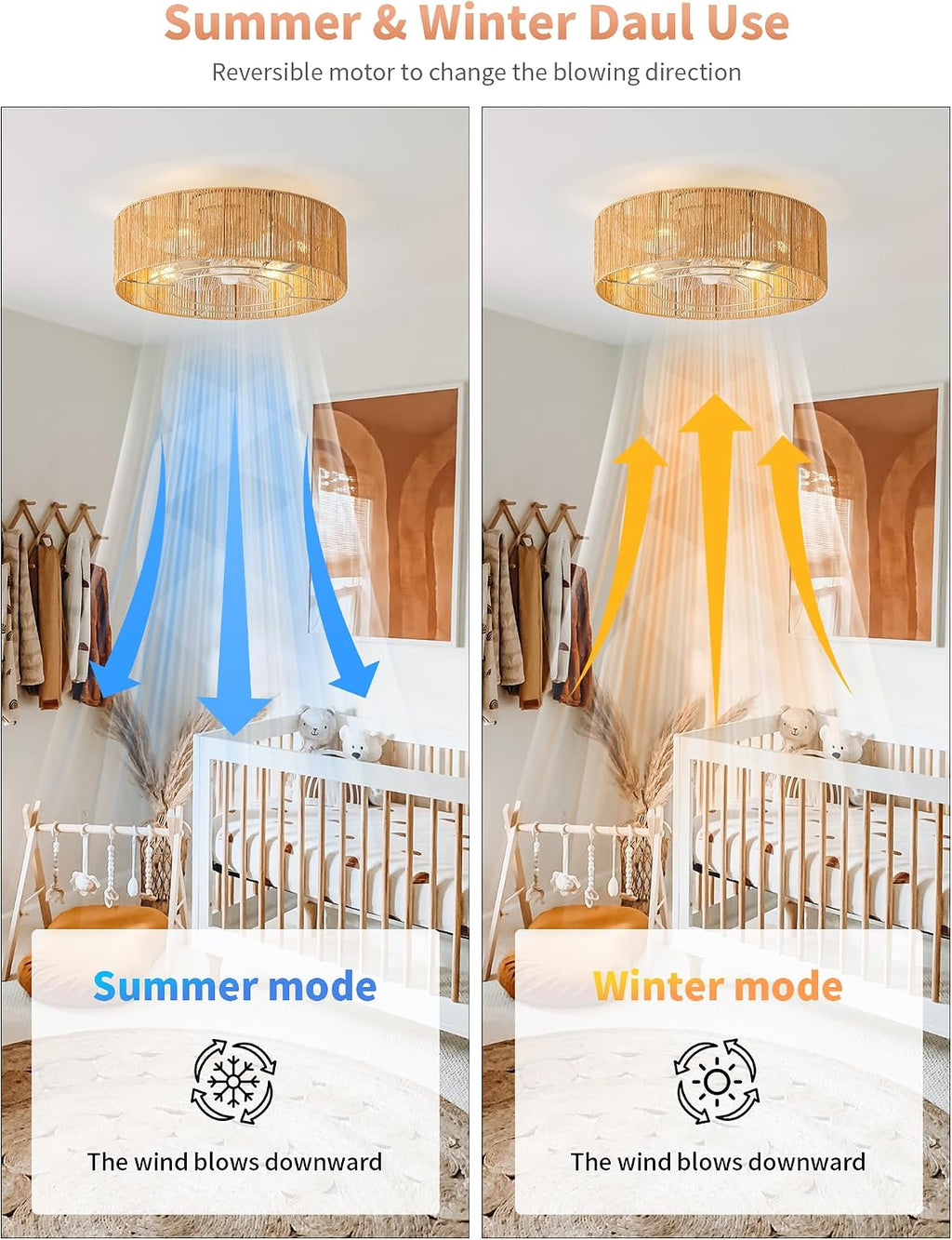 Ceiling Fans with Lights, 20' Boho Ceiling Fan with Light Flush Mount, Rattan Low rofile with 6 Speeds, Remote Control for Bedroom, Nursery, Living Room