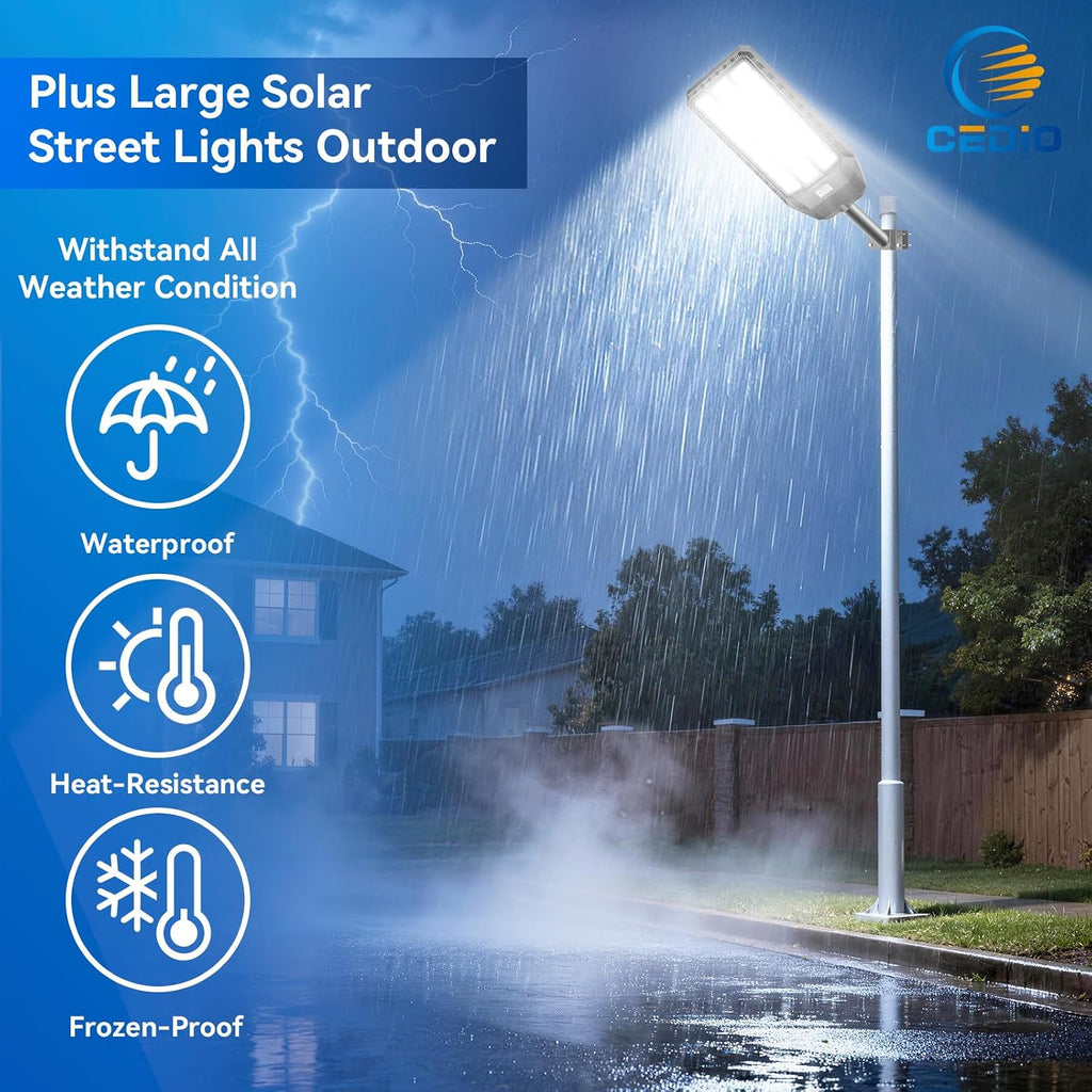 CEDIO 12000W Commercial Grade Solar Street Light, IP67 Waterproof Heavy Duty LED Flood Light with Remote & Motion Sensor, Dusk to Dawn Security Light for Parking Lot, Farm, Property, Yard, 2 Pack