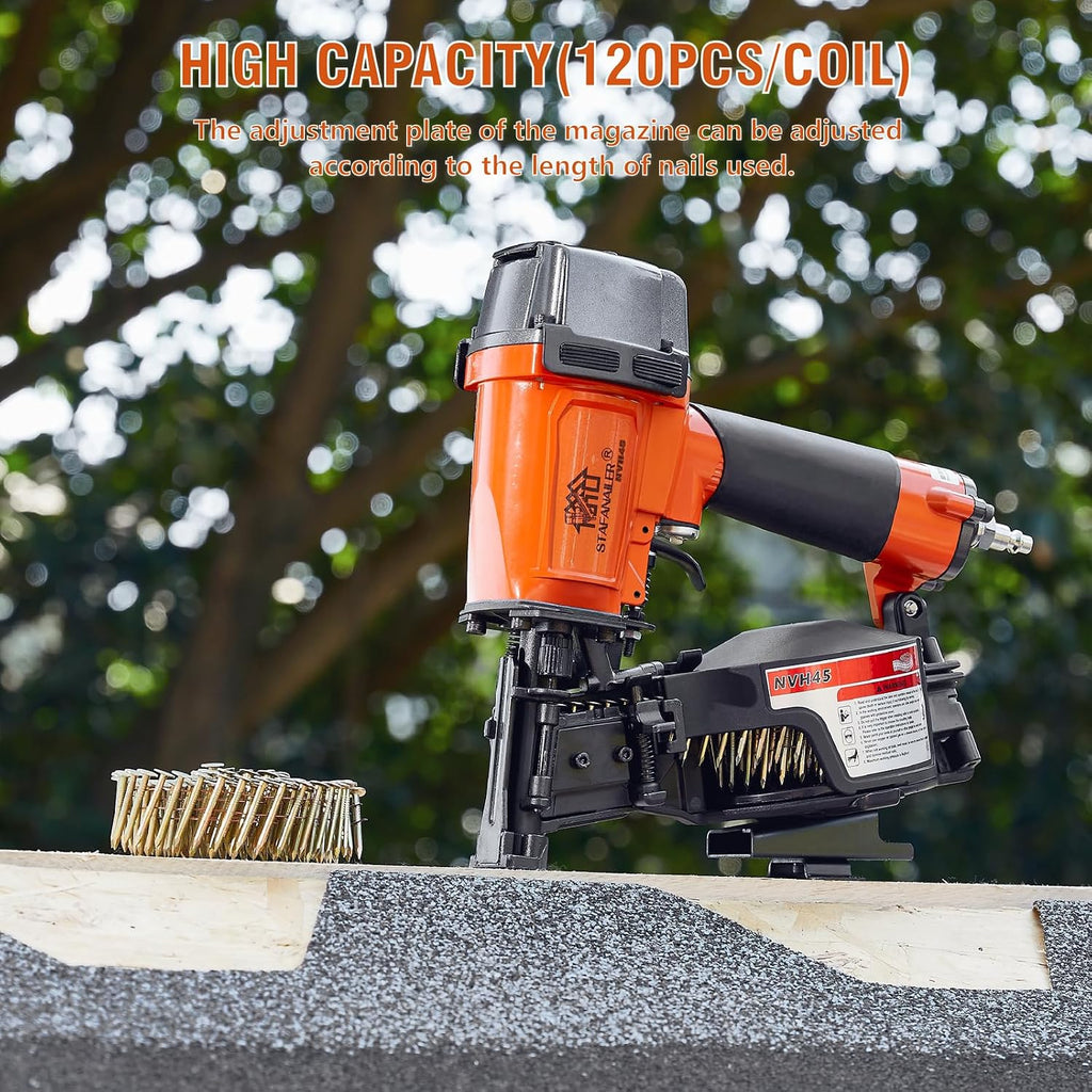 NVH45 Roofing Nail Gun, 15 Degree Pneumatic Pistola De Roofing, 7/8' to 1-3/4' Nails Compatibility, 3/8 NPT Air Connector, 120-Pcs Load Capacity for Roofing Constructions (Org-Blk Ver)