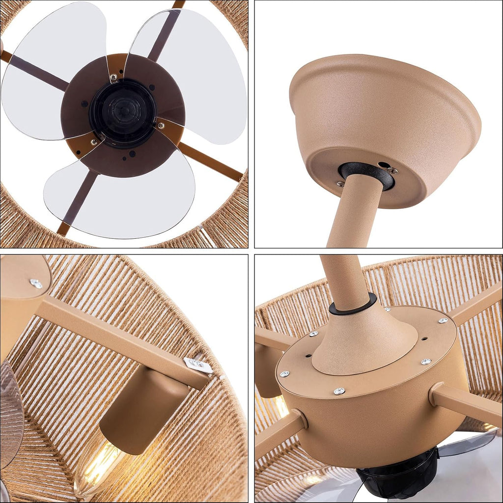 LOYALHEARTDY Boho Ceiling Fan with Light and Remote 18' 6-Speed 1/2/4/8H Timer Caged Modern Downrod Mount Bladeless Ceiling Fan Kids Fan, Hemp Rope Fringe Tassel Lampshade