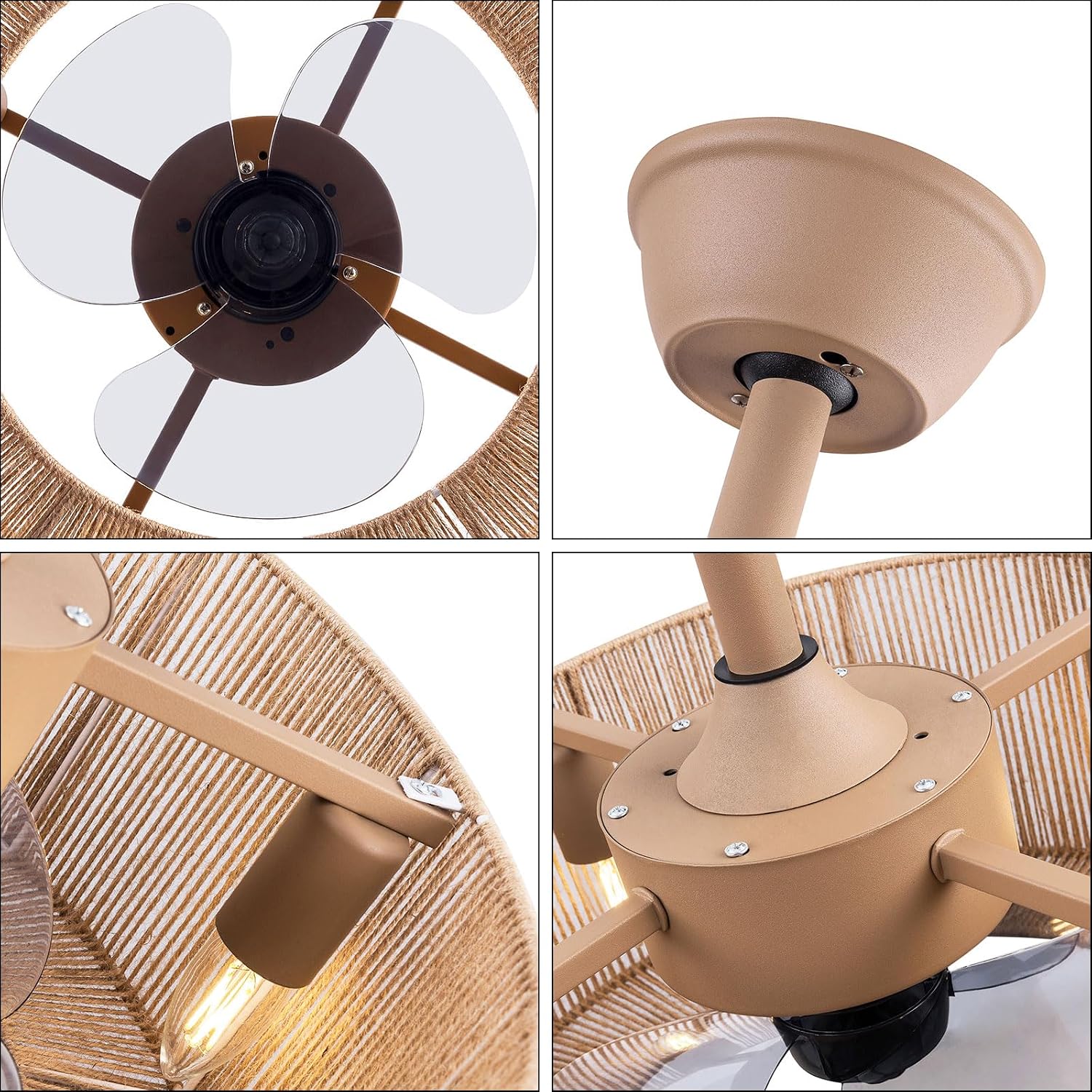 LOYALHEARTDY Boho Ceiling Fan with Light and Remote 18' 6-Speed 1/2/4/8H Timer Caged Modern Downrod Mount Bladeless Ceiling Fan Kids Fan, Hemp Rope Fringe Tassel Lampshade