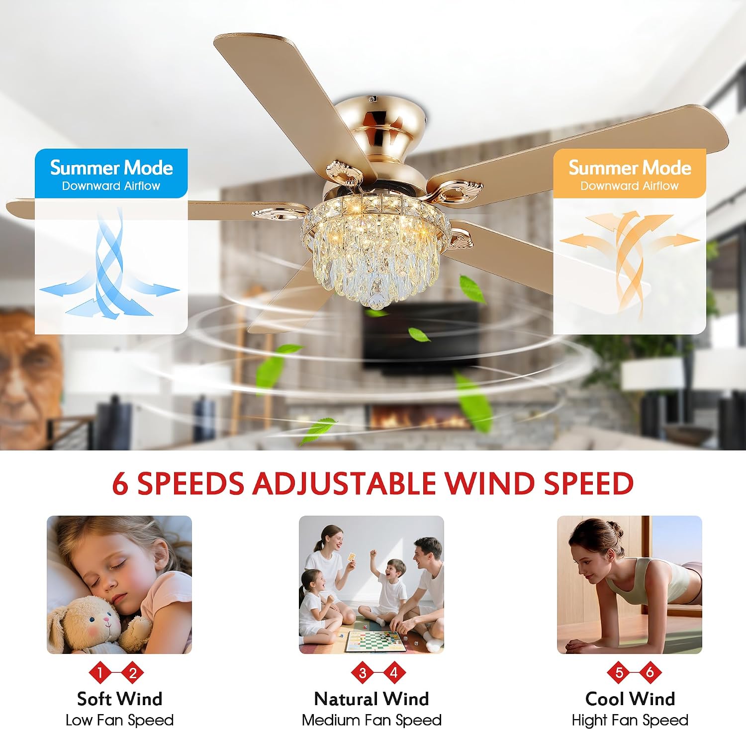 GJeg Crystal Ceiling Fan Fandelier with Lights-Ceiling Fans with Remote Control,Modern Ceiling Fan with Noiseless DC Reversible Motor,Dining Room,Living Room(52' Gold)