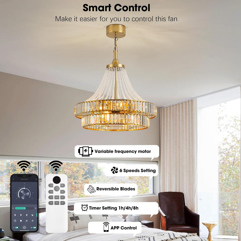 24' Modern Crystal Chandelier Ceiling Fan with Lights, Remote & App Control, 6-Speed Reversible Large Fandelier, Double Layer Design for Bedroom, Living Room (Luxury Gold)