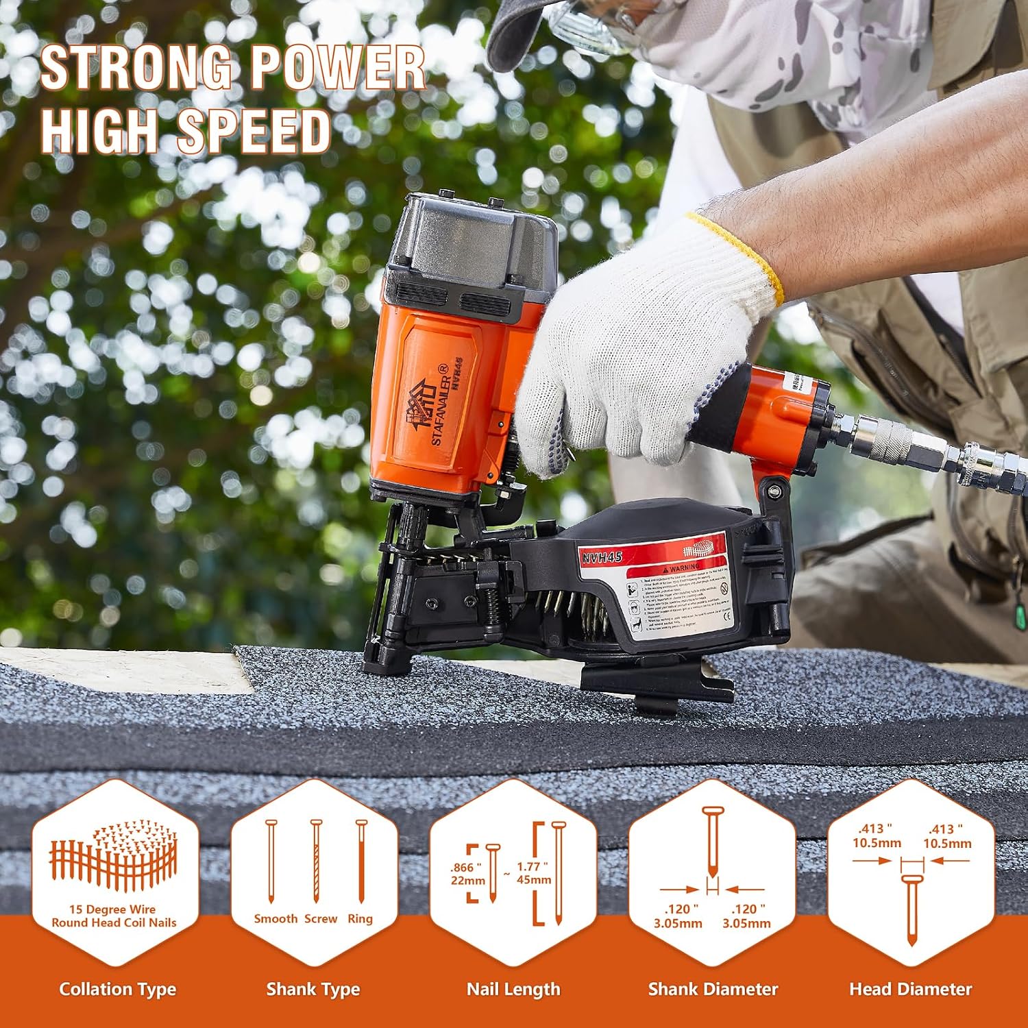 NVH45 Roofing Nail Gun, 15 Degree Pneumatic Pistola De Roofing, 7/8' to 1-3/4' Nails Compatibility, 3/8 NPT Air Connector, 120-Pcs Load Capacity for Roofing Constructions (Org-Blk Ver)