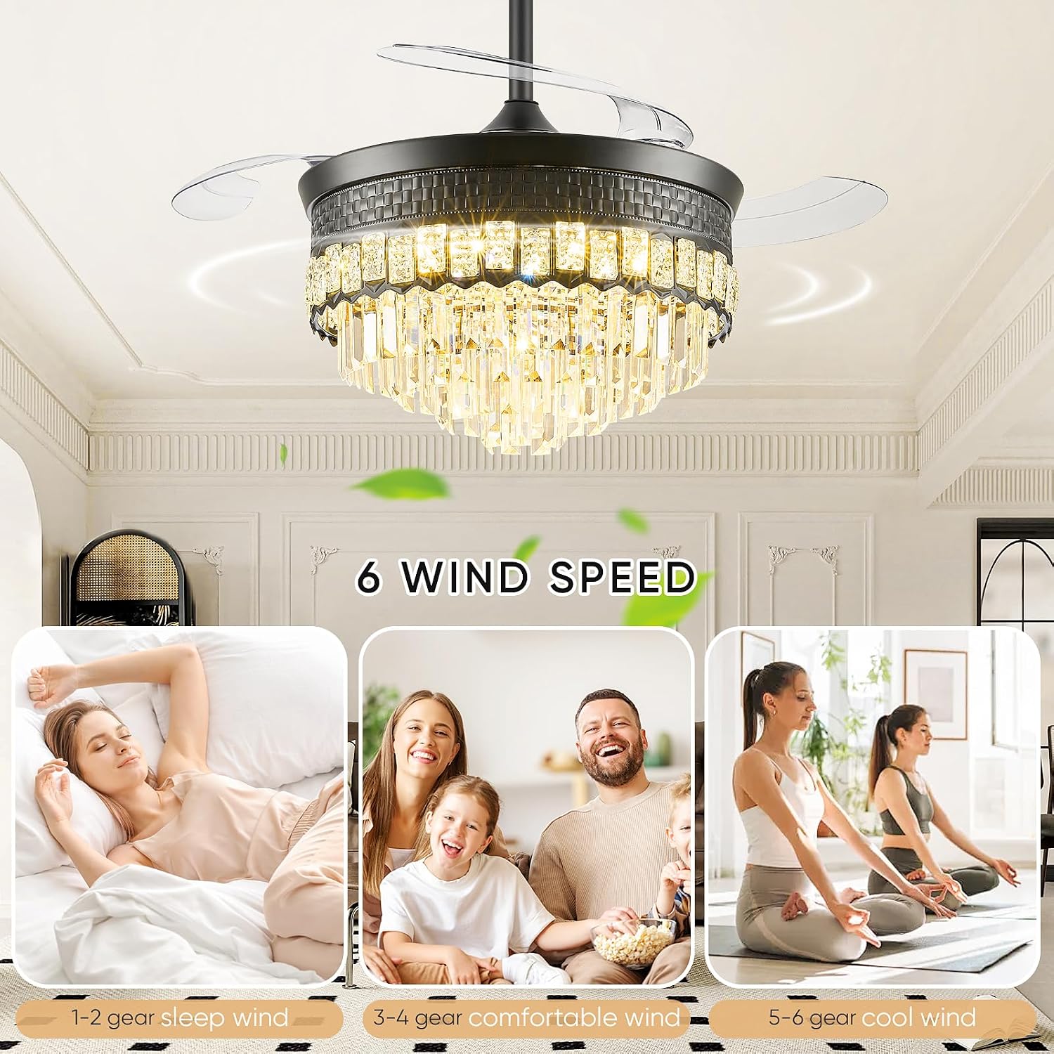 42' Fandelier Ceiling Fan with Lights,Crystal Retractable Ceiling Fan with Light,Chandelier Fans for Bedroom,Living Room,Reverse Motor,6 Speeds,3 Color Temperatures,Remote & APP Control-Black