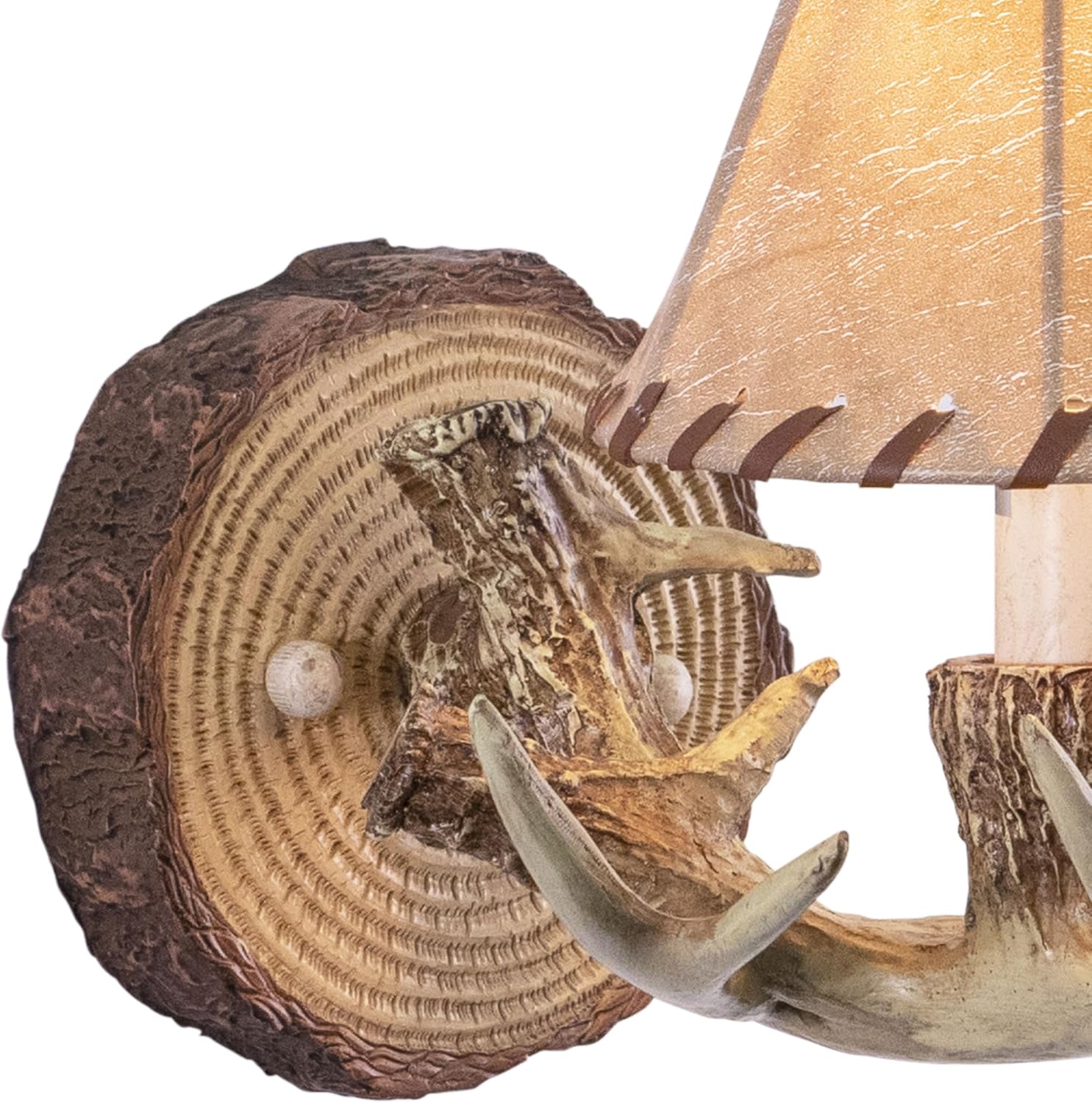 Lodge 1 Light Rustic Wood Antler Armed Wall Sconce Faux Leather Shade Noachian Stone