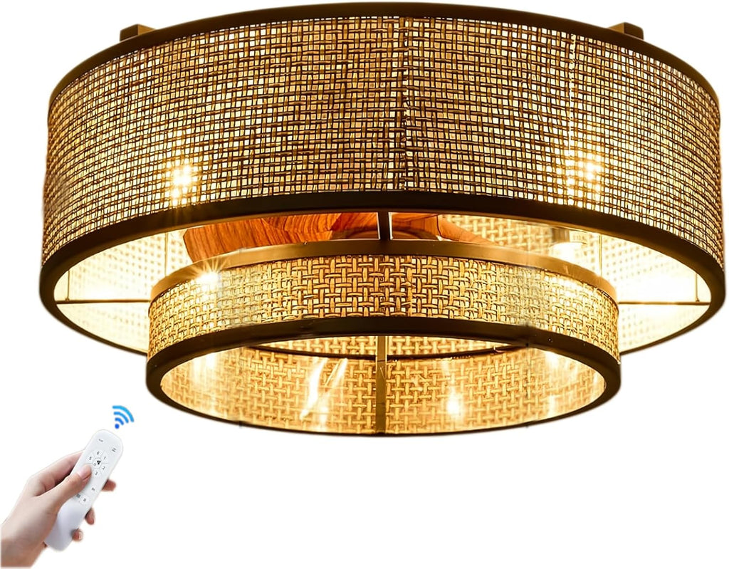 18.9' Boho Caged Ceiling Fan with Lights Remote, 4-Light Vintage Rattan Woven Chandelier Fan with Light Reversible Motor, Chandelier Ceiling Fan for Bedroom, Living Room