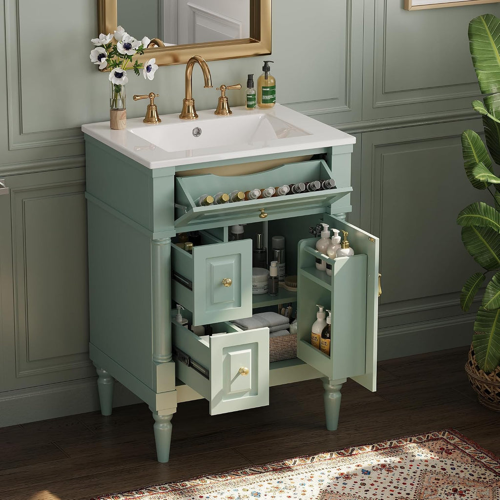 24 Inch Bathroom Vanity with Ceramic Sink Top, Cabinet with Tip-Out Drawer and Door Storage, Solid Wood Roman Legs, Adjustable Shelf, Green