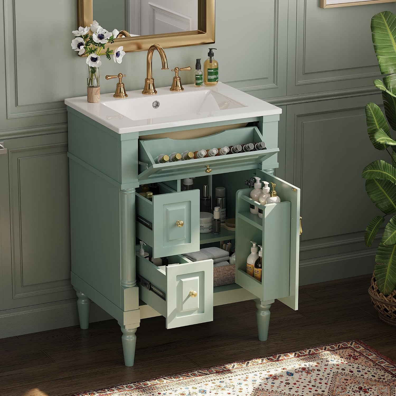 24 Inch Bathroom Vanity with Ceramic Sink Top, Cabinet with Tip-Out Drawer and Door Storage, Solid Wood Roman Legs, Adjustable Shelf, Green