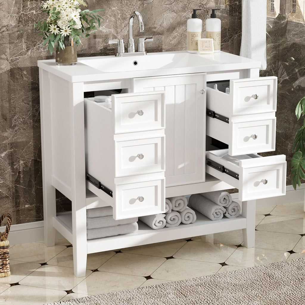 36' Vanity Bathroom Cabinet with Sink Top, Three Multi-Functional Drawers, Open Storage Space, Adjustable Shelf, White