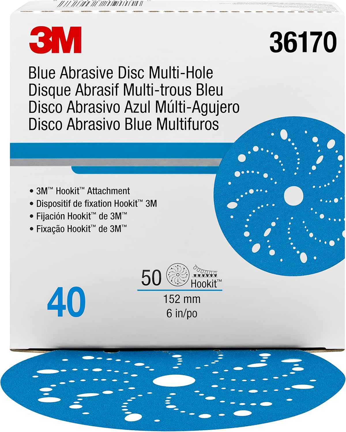 Hookit AMAPR 3M Blue Abrasive Disc Multi-Hole, 36170, 6 in, 40 Grade, 50 Discs per Carton