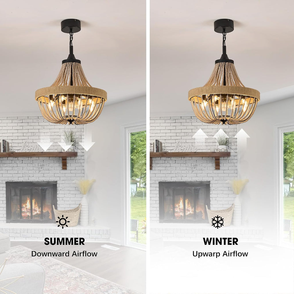 20 inch Boho Beaded Chandelier with Ceiling Fan, Remote & App Control, Reversible DC Motor, Black Farmhouse Rattan Fandelier for Dining Room, Bedroom, Kitchen