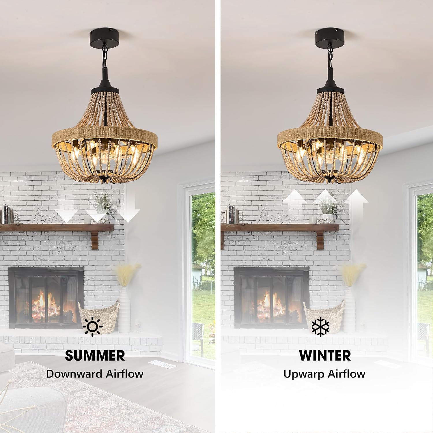20 inch Boho Beaded Chandelier with Ceiling Fan, Remote & App Control, Reversible DC Motor, Black Farmhouse Rattan Fandelier for Dining Room, Bedroom, Kitchen