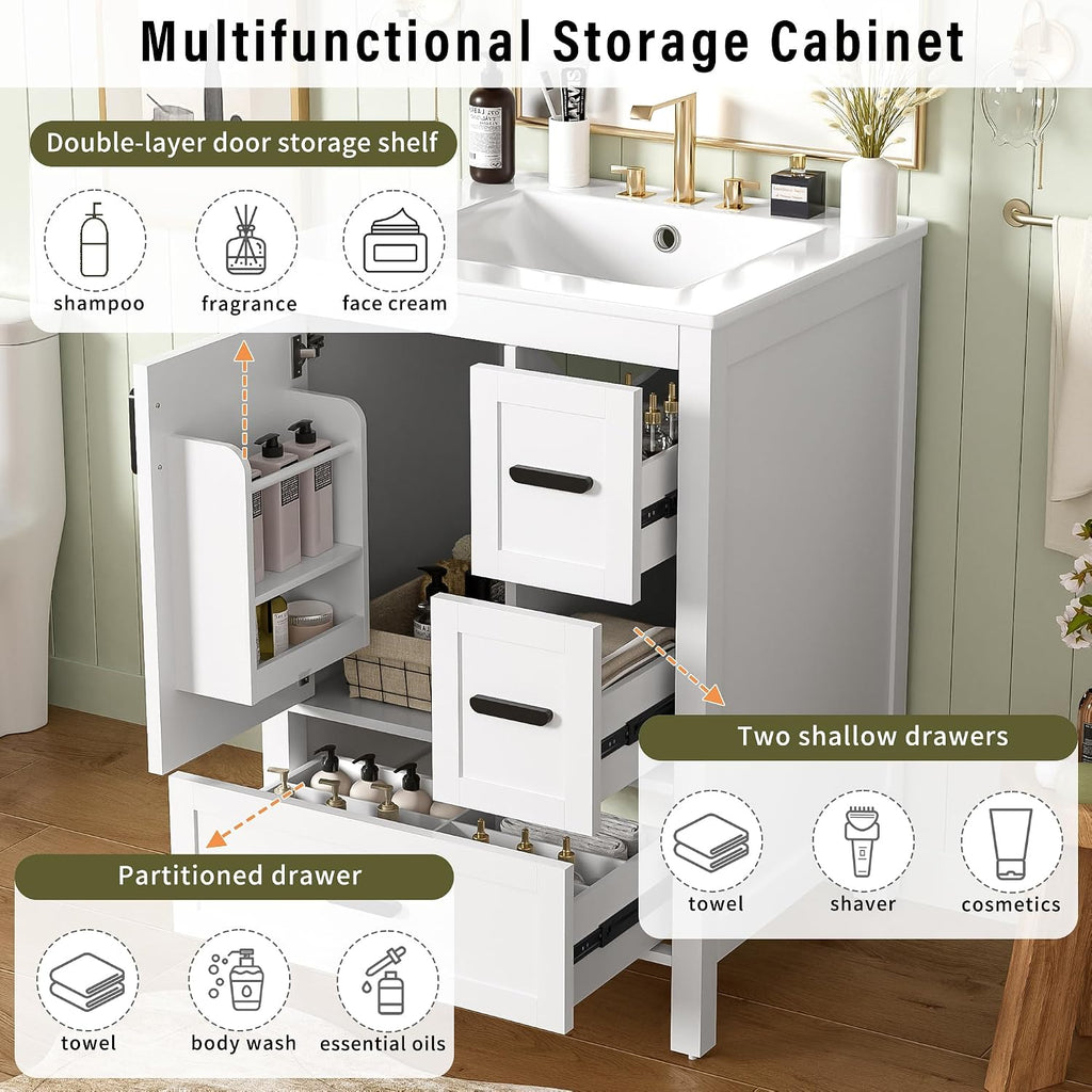 24' Bathroom Vanity with Sink, Harper & Bright Designs Free Standing Single Vanity Set with 3 Drawers and One Door with Storage Racks, Solid Wood Storage Cabinet with Ceramic Basin for Bathroom, White