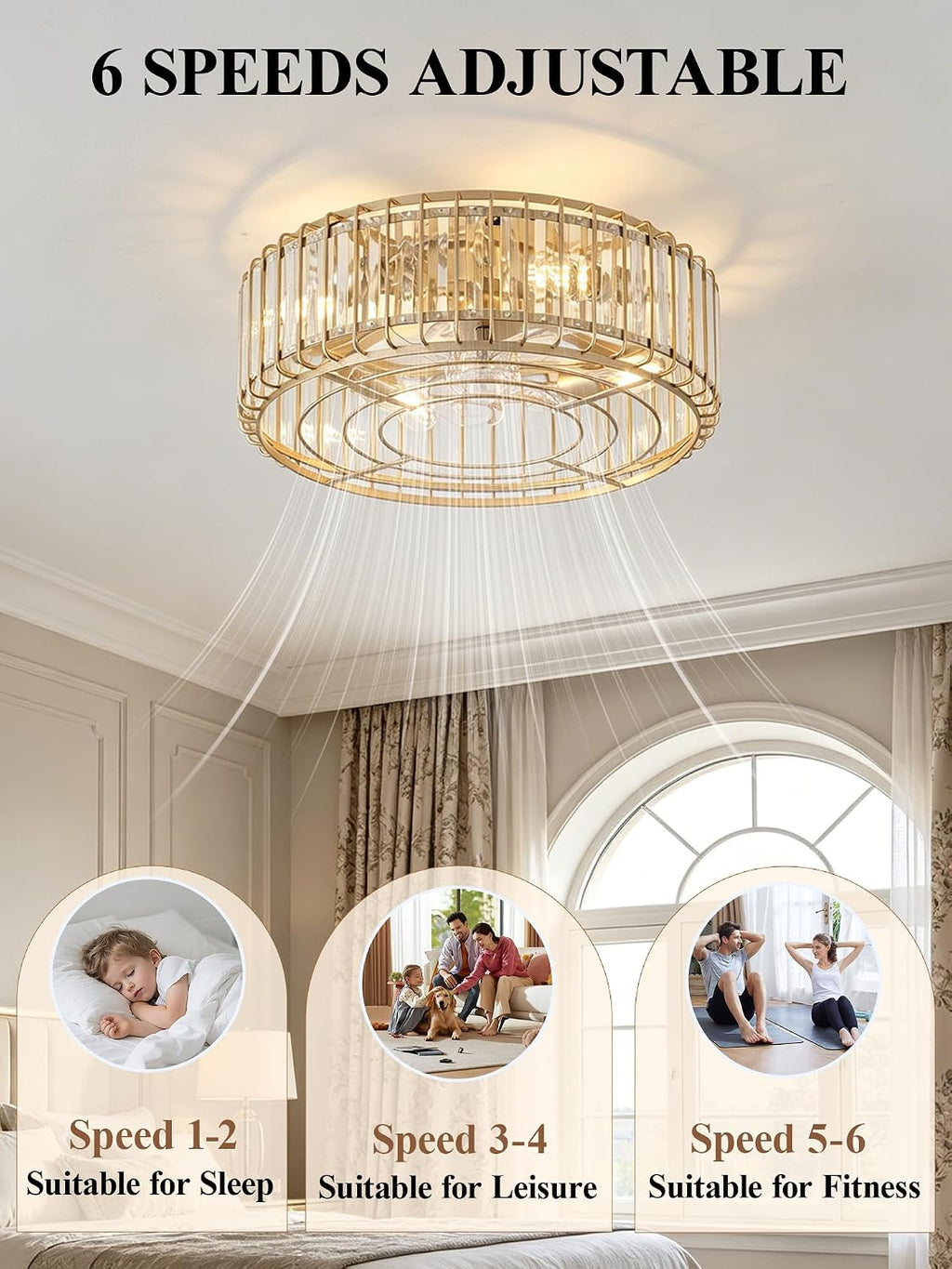 20inch Flush Mount Caged Ceiling Fans with Lights Fandelier | Gold Crystal Ceiling Fan with Light and Remote, Low Profile Mid Century with 6 Speeds for Bedroom Nursery Living Room