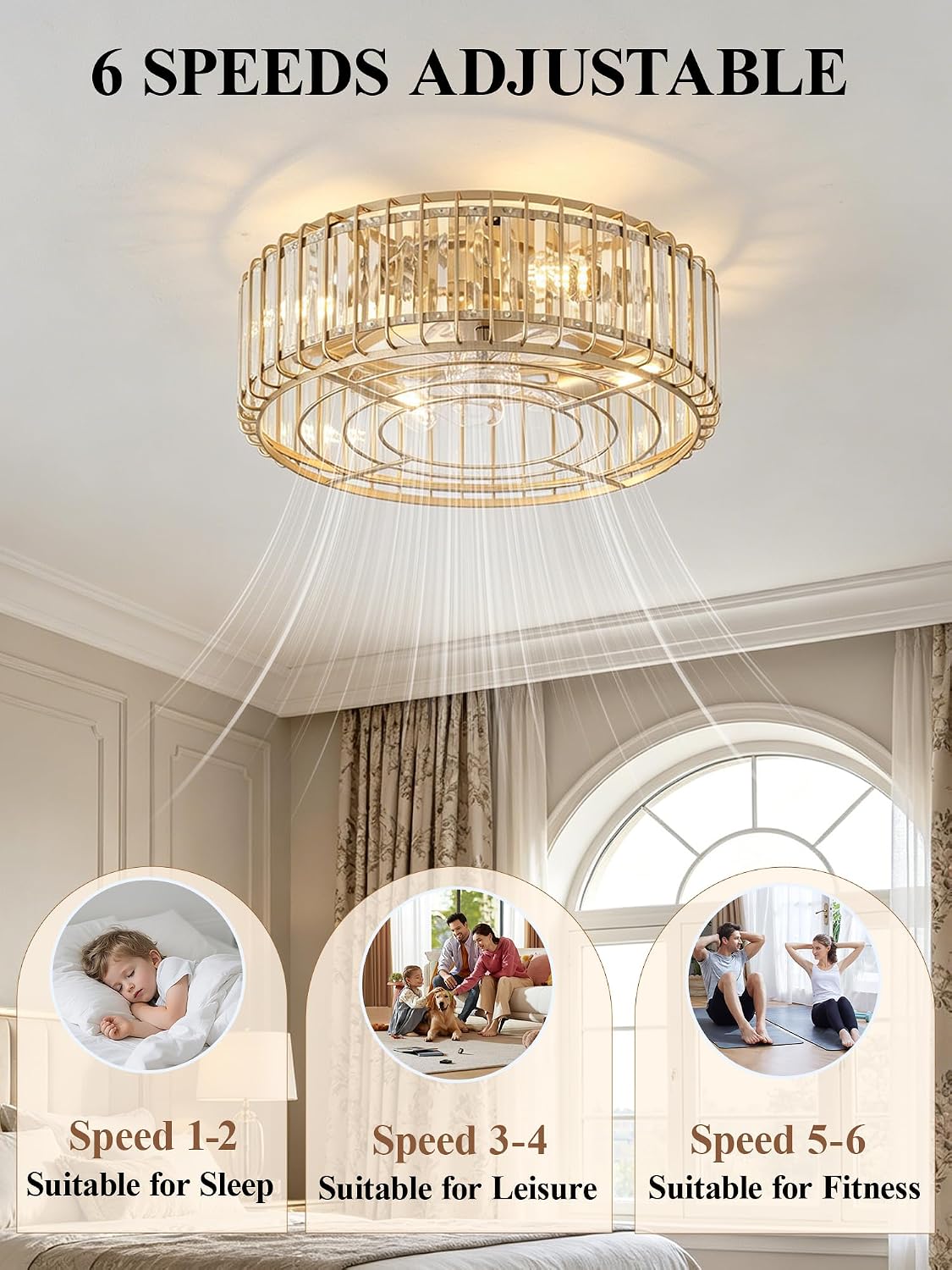 20inch Flush Mount Caged Ceiling Fans with Lights Fandelier | Gold Crystal Ceiling Fan with Light and Remote, Low Profile Mid Century with 6 Speeds for Bedroom Nursery Living Room