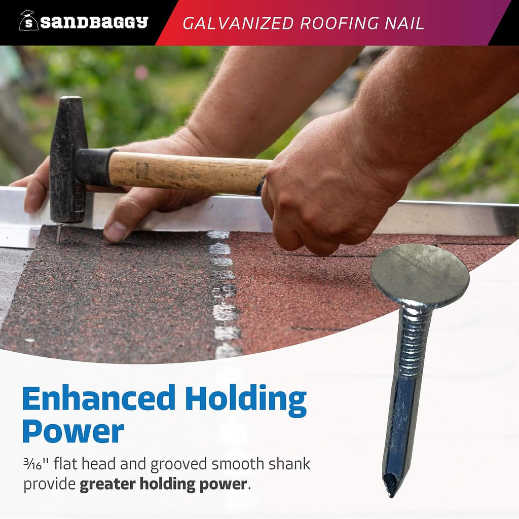 Sandbaggy 1-1/4' Galvanized Roofing Nails - Install Shingles, Siding, Insulation Board, Felt Paper - Flat Head, 11 Gauge Steel, Smooth Shank (30, Pounds)