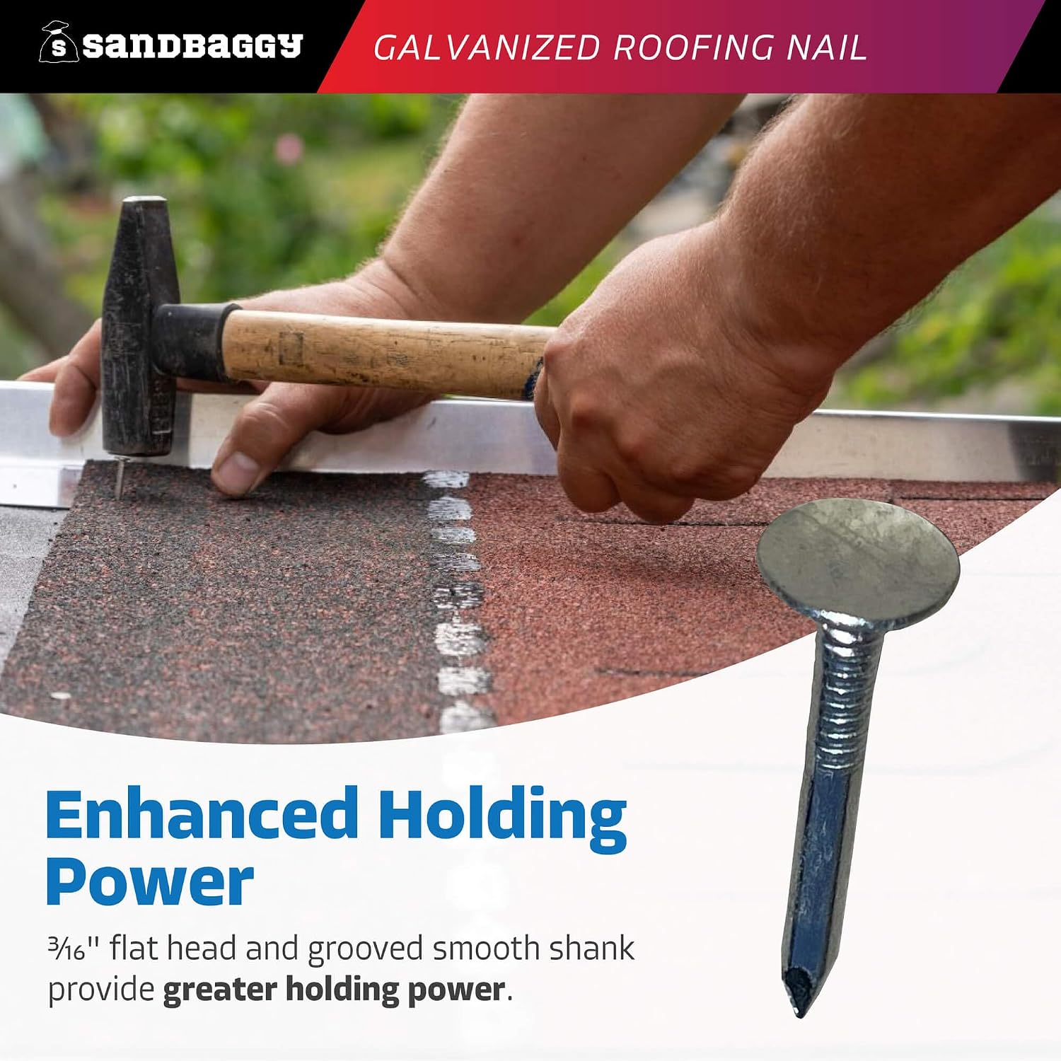 Sandbaggy 1-1/4' Galvanized Roofing Nails - Install Shingles, Siding, Insulation Board, Felt Paper - Flat Head, 11 Gauge Steel, Smooth Shank (30, Pounds)