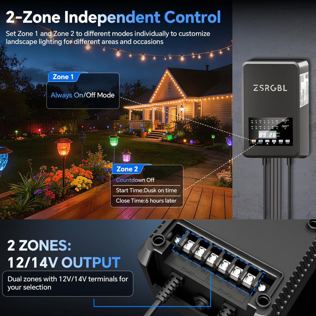 600W Low Voltage Transformer with 2 Zone Independent Control 120V AC to 12/14V AC Outdoor Weatherproof Landscape Lighting Transformer with Photocell Sensor and Timer for Spotlights, ETL Listed