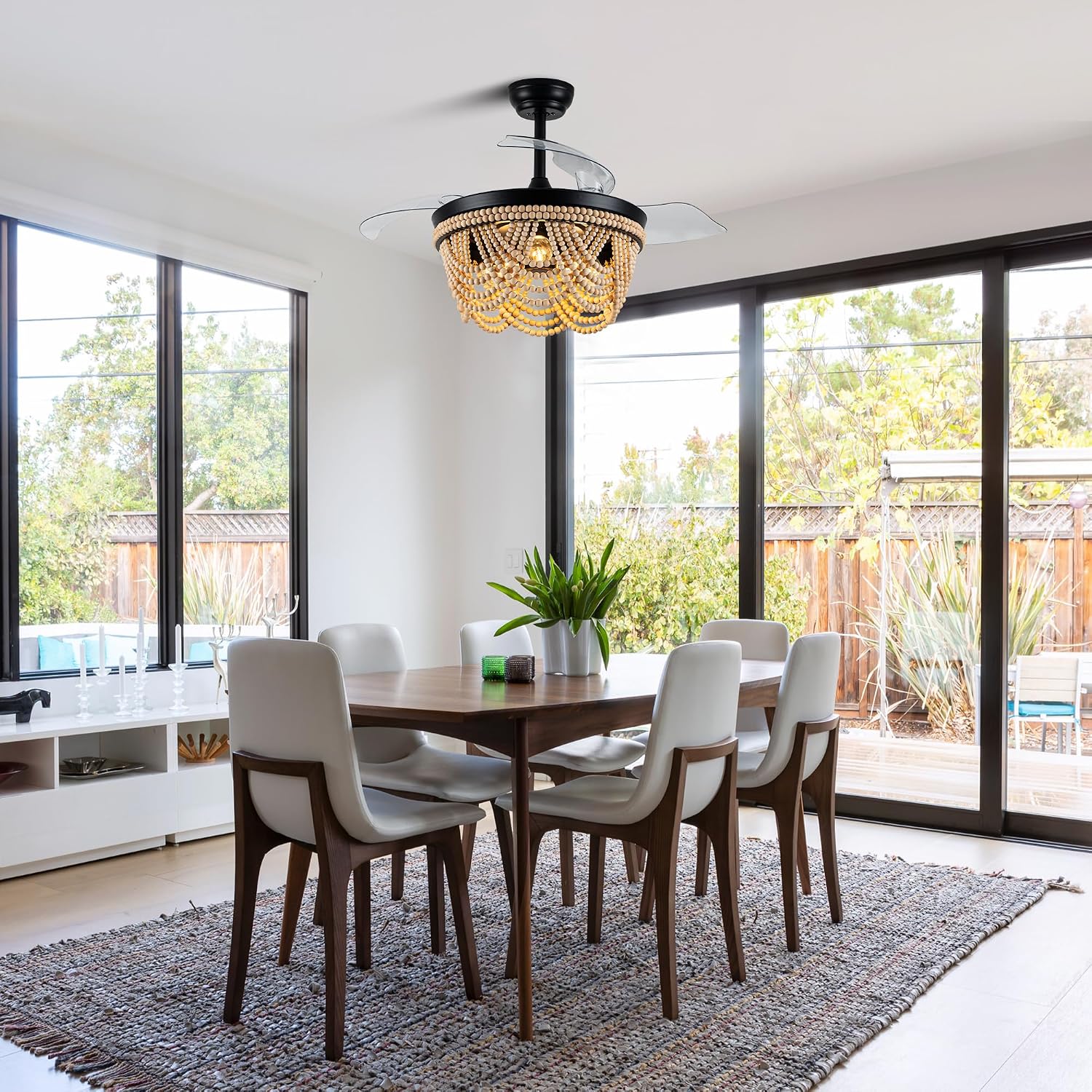 42'' RetractableCeiling Fans with Lights and Remote, Farmhouse Ceiling Fans with Wooden Beads, 6 Speeds Reversible Bladeless Ceiling Fan for Bedroom Living Room Kitchen