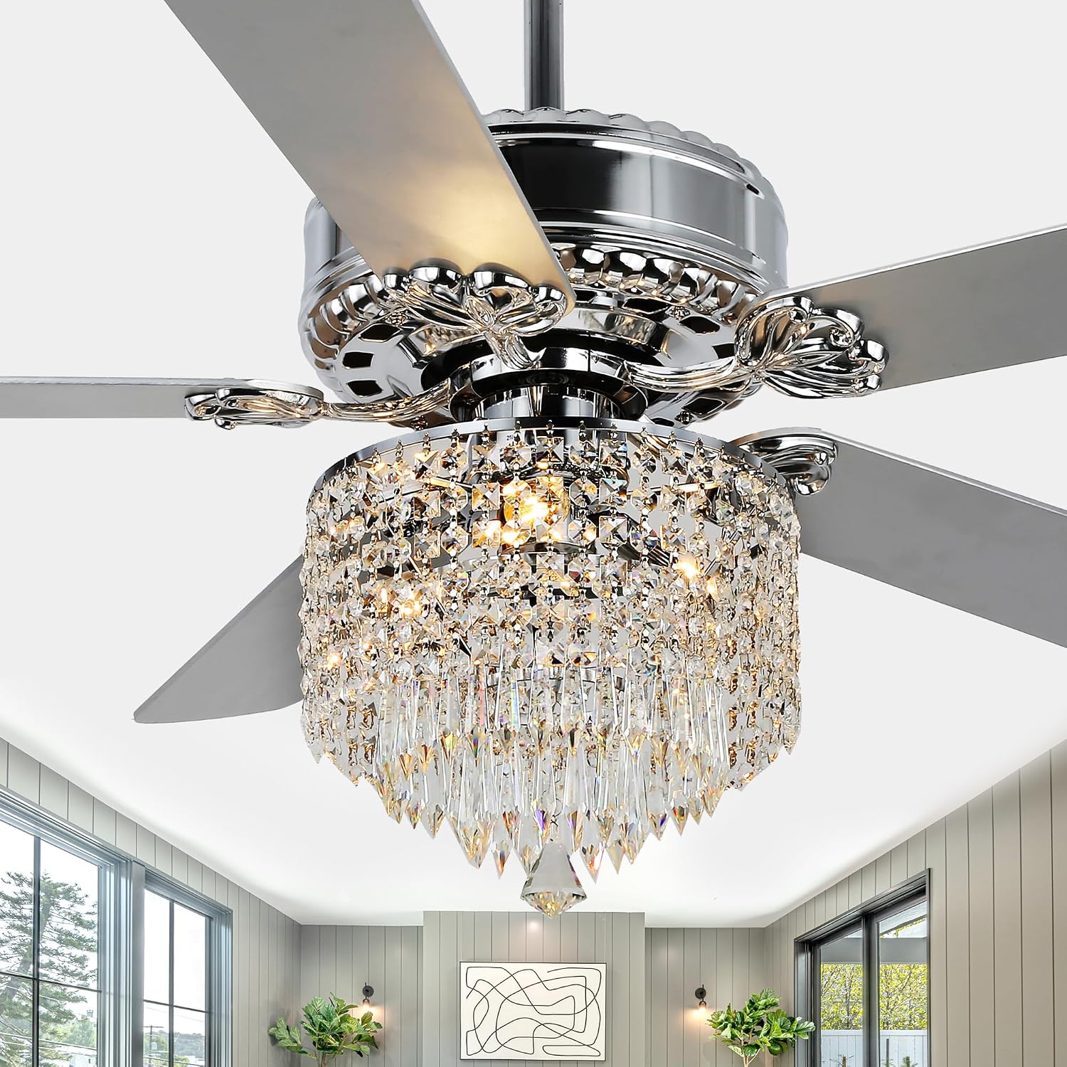 52 Inch Crystal Ceiling Fan with Light and Remote Control, Chrome Modern Chandelier Ceiling Fan Fandelier for Living Room Bedroom